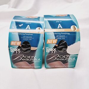 2 Leggs Body Brief Shapewear Pantyhose 69801 Sz A Jet Black sheer toe Vtg Nos